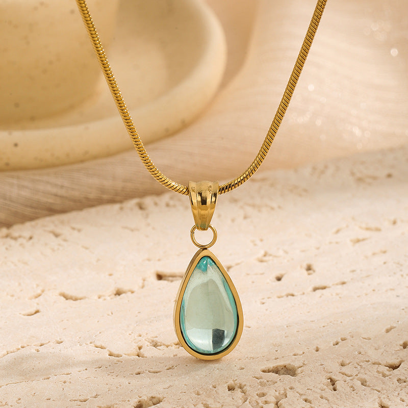 Light luxury translucent green water droplet blue ocean titanium steel necklace (10 pieces)