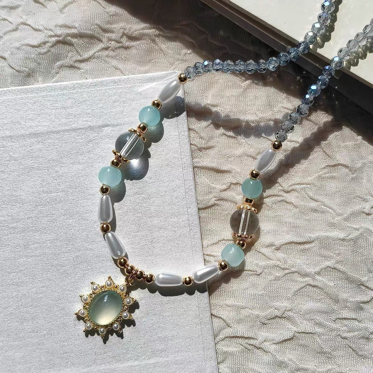 Sea blue imitation pearl bead necklace (10 pieces)