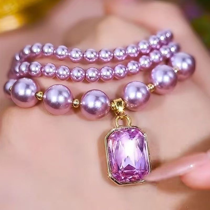 Purple Square Imitation Crystal Pendant Pearl Necklace (10 pieces)
