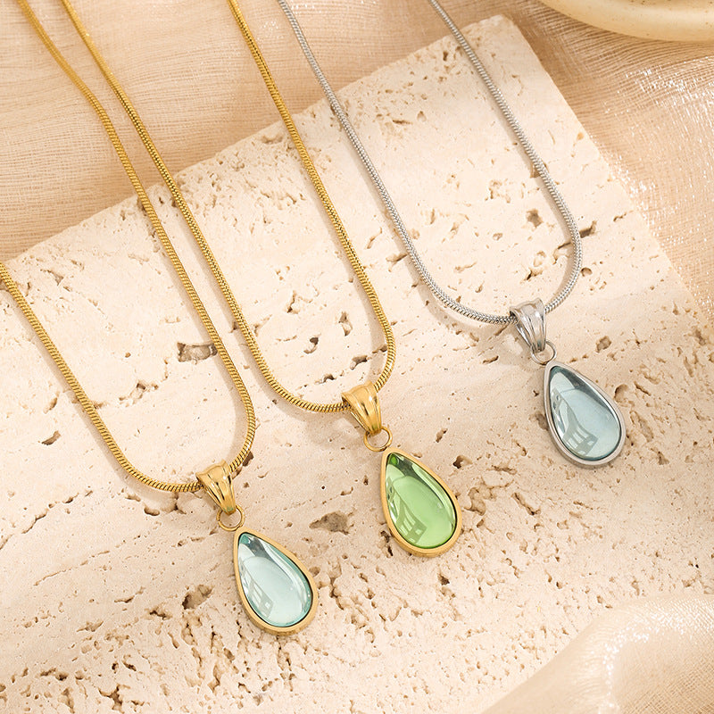 Light luxury translucent green water droplet blue ocean titanium steel necklace (10 pieces)