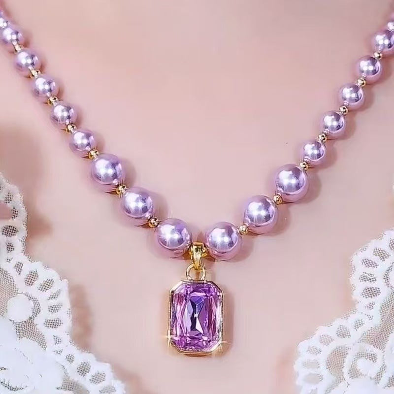 Purple Square Imitation Crystal Pendant Pearl Necklace (10 pieces)