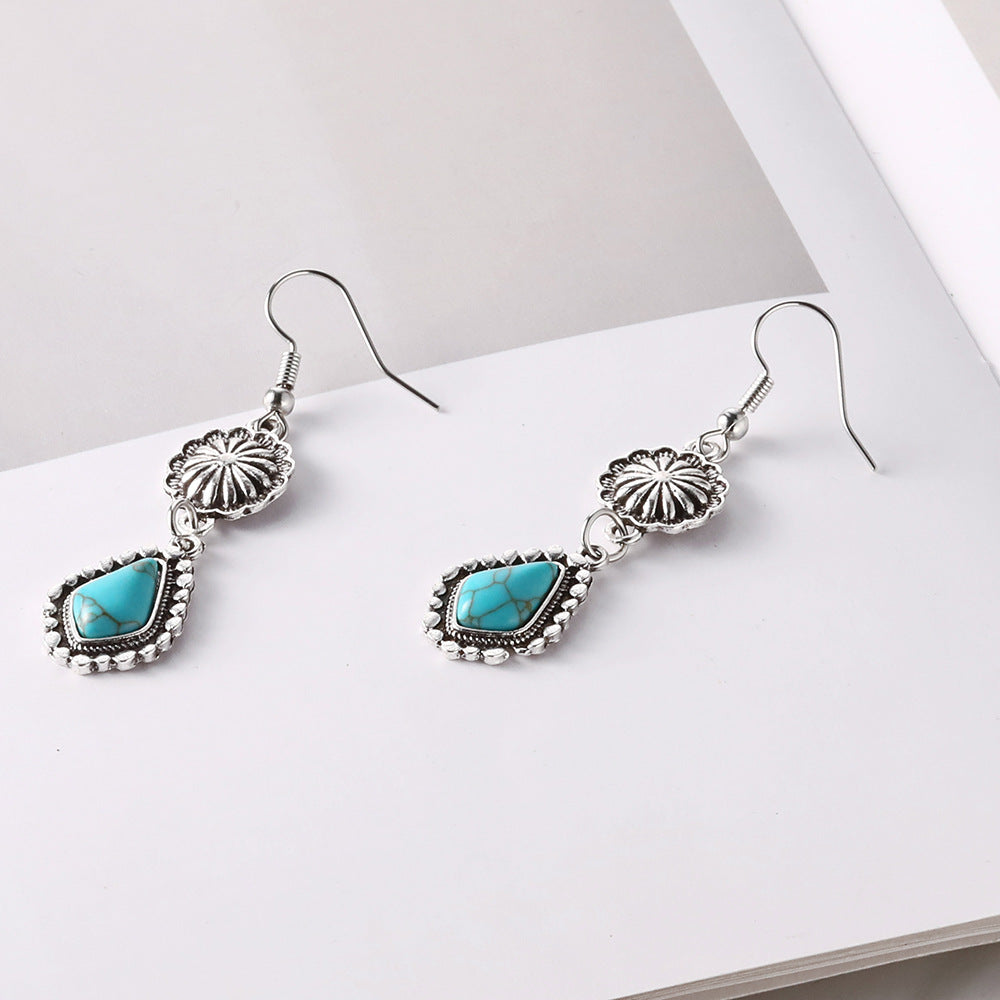 Bohemian retro carved turquoise long earrings and earrings (10 pieces)