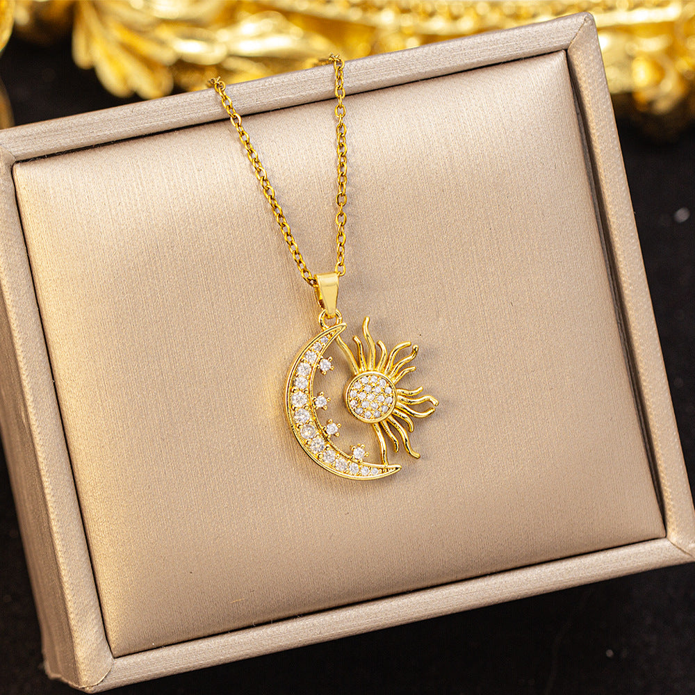 New ethnic style micro inlaid zircon titanium steel sun necklace (10 pieces)