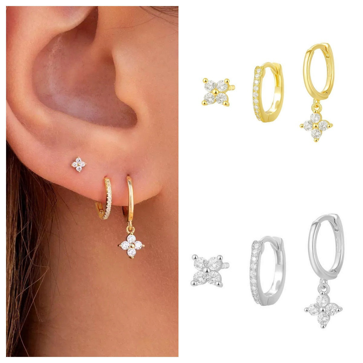 Four leaf clover ear clip set with zircon ear rings and three piece ear clip set (10 pieces)