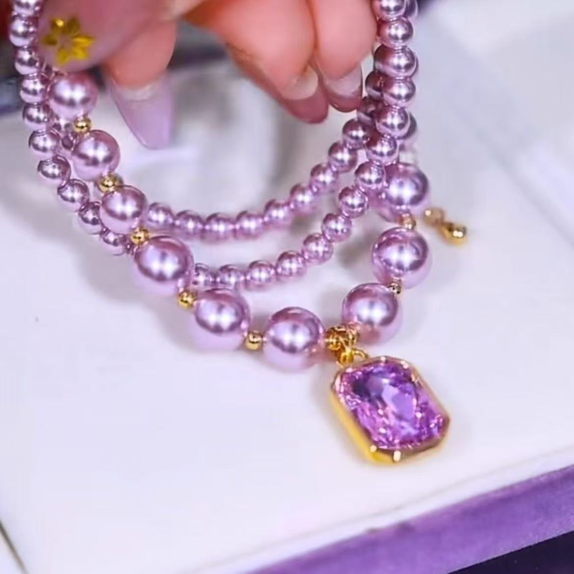 Purple Square Imitation Crystal Pendant Pearl Necklace (10 pieces)
