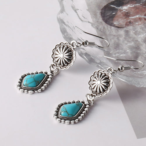 Bohemian retro carved turquoise long earrings and earrings (10 pieces)