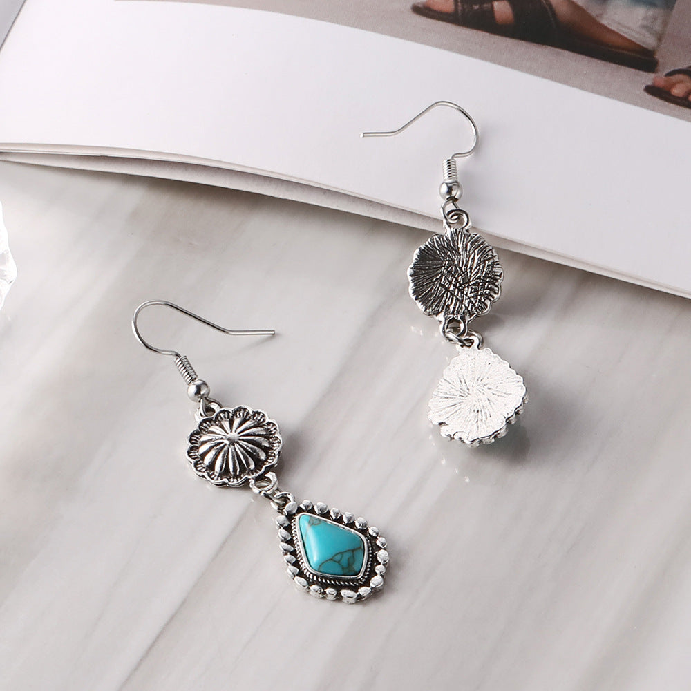 Bohemian retro carved turquoise long earrings and earrings (10 pieces)