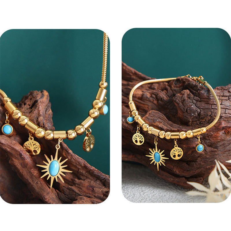 Turquoise pendant necklace, women's retro sunflower collarbone chain, turquoise bracelet (10 pieces)