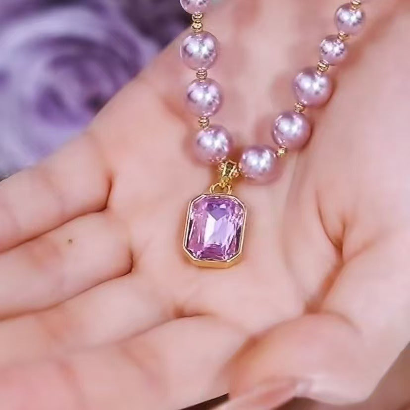 Purple Square Imitation Crystal Pendant Pearl Necklace (10 pieces)