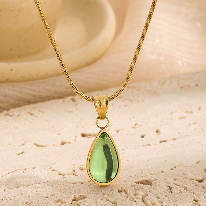 Light luxury translucent green water droplet blue ocean titanium steel necklace (10 pieces)