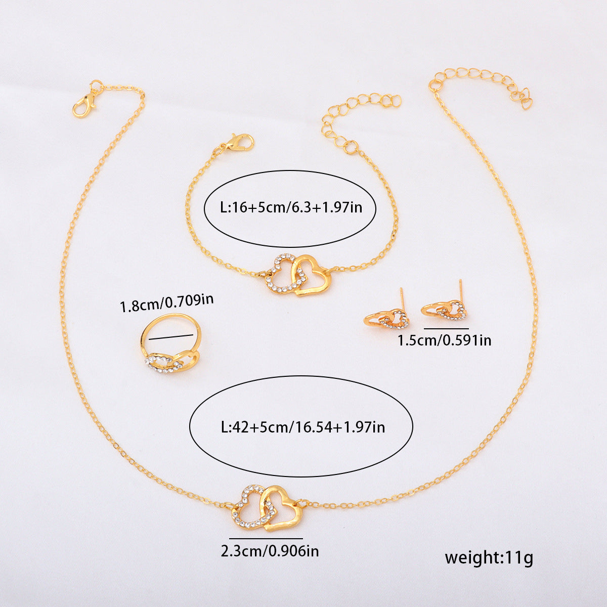 Minimally designed women's versatile double heart jewelry necklace bracelet earrings bracelet pendant four piece set (10 pieces)