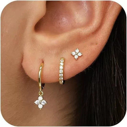 Four leaf clover ear clip set with zircon ear rings and three piece ear clip set (10 pieces)