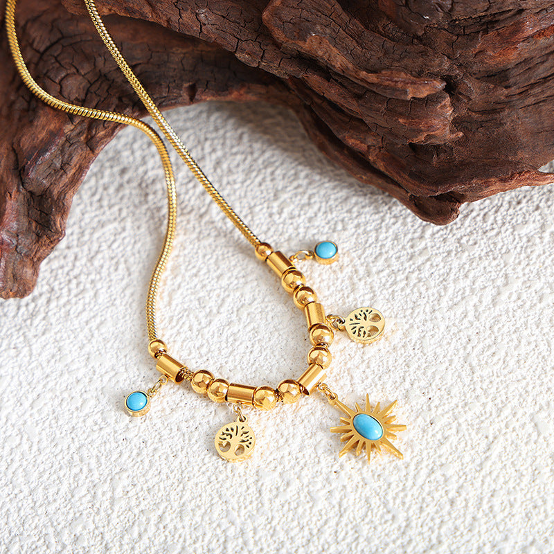 Turquoise pendant necklace, women's retro sunflower collarbone chain, turquoise bracelet (10 pieces)